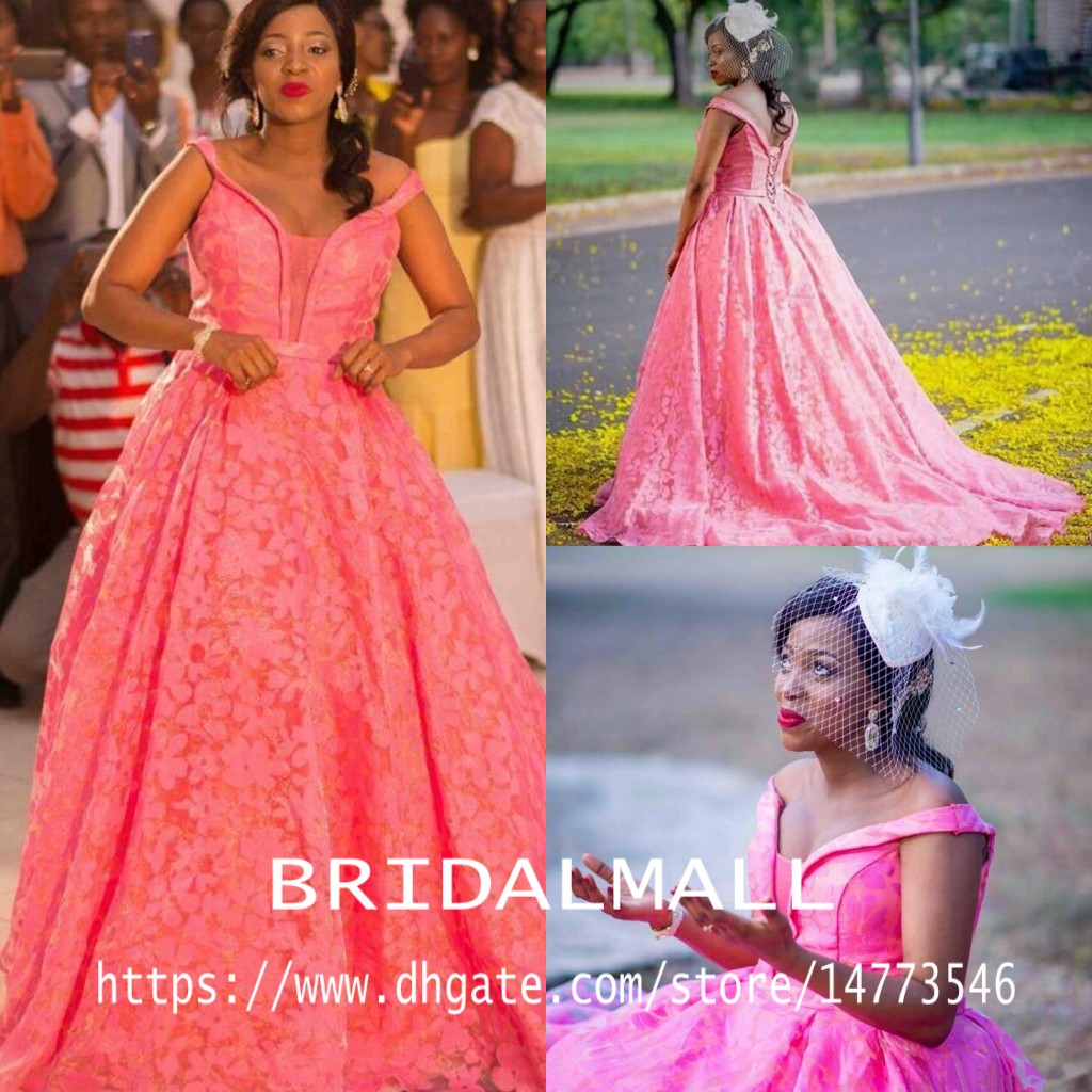 Discount Saudi Arabic Hot Pink Lace Wedding Dresses Off Shoulder