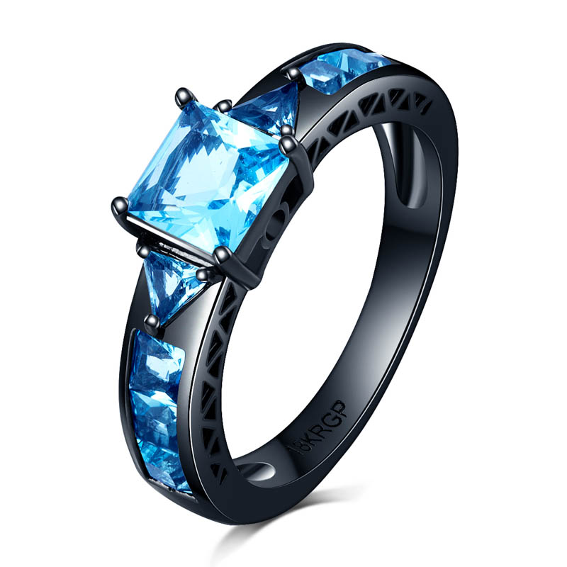 

18KGP stamp blue cubic zircon Diamond Rings For Women Lady Black Gold Filled Wedding Engagement Love Promise Ring Anel