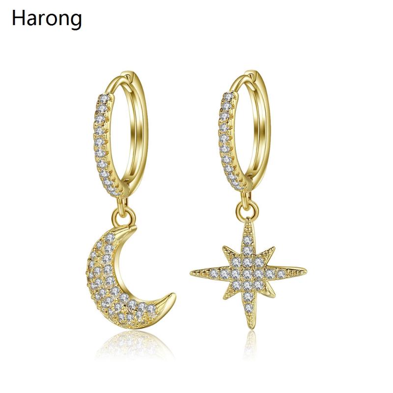 Trendy Cubic Zirconia Crystal Gold Star Moon Hoop Earrings Set New Design Moon Korean Wedding Party Jewelry For Woman Jewelry