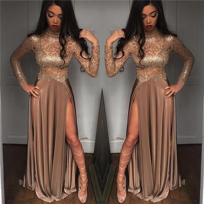 

2019 African Gorgeous sexy Beaded Champagne Sequined Evening Dresses Long Sleeves Prom Gowns Vestidos Special Occasion Dresses Evening Wear, Red