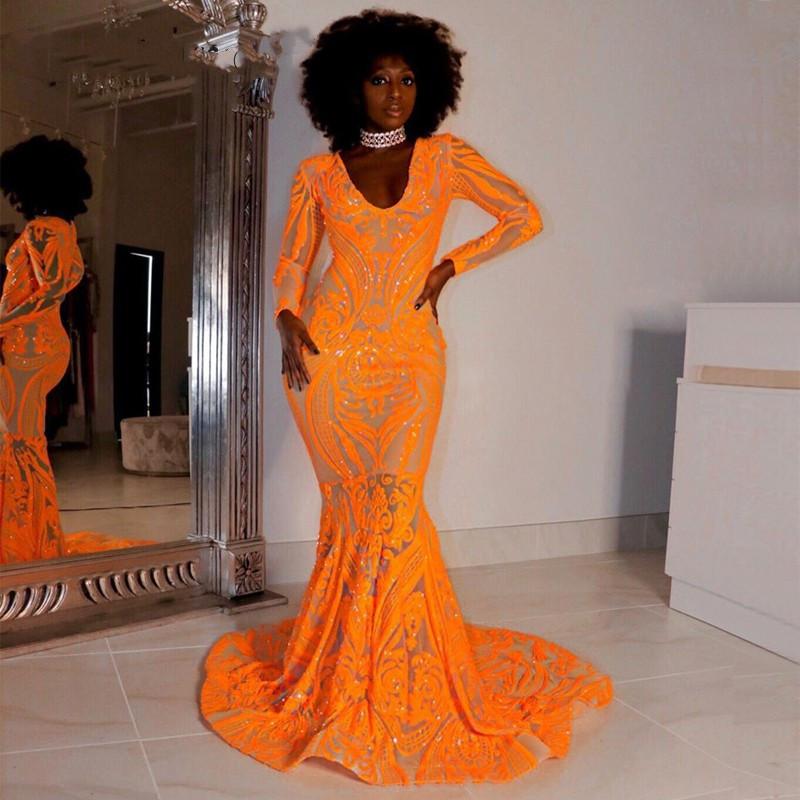 

Orange Sequined Mermaid Prom Dresses African Black Girls 2020 Arabic V-neck Plus Size Long Sleeve Evening Gowns Cocktail Party Formal Dress