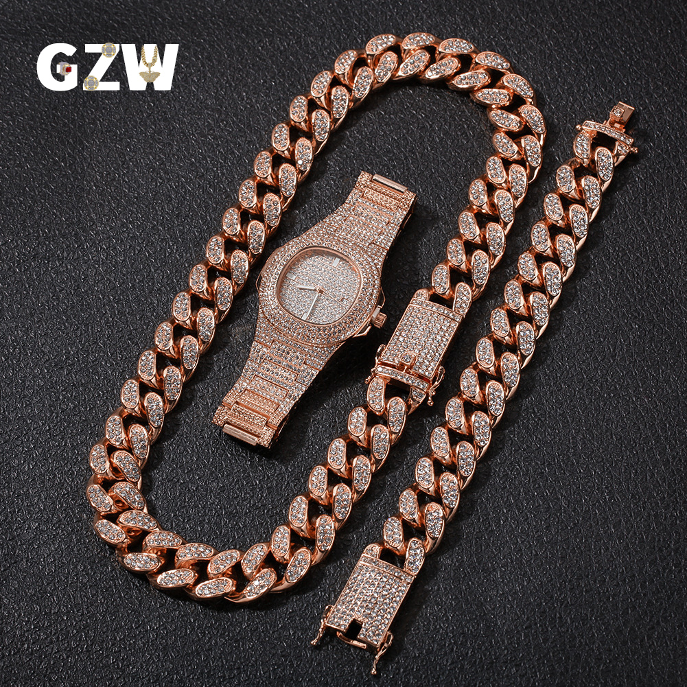 

New Fashion Personalized 20mm Gold Blingbling Mens Cuban Link Chain Necklace Bracelet Watch Set Hip Hop Rapper Jewelry Gifts for Men Guys