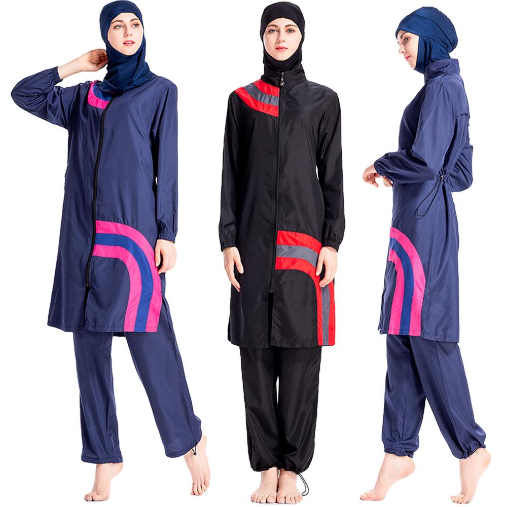 

Muslim Women Hijab Swimwear Long Sleeve Arabic Full Cover Beachwear Islamic Burkini Swimsuit Modest Suit Costumes 3 pcs Zipper