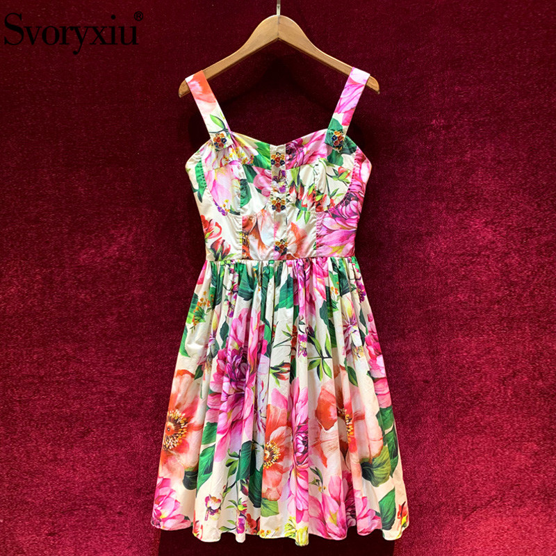 

Svoryxiu 2020 Runway Custom Summer Cotton Spaghetti Strap Dress Women' luxury Button Flower Print Sexy Party Short Dresses, Multi