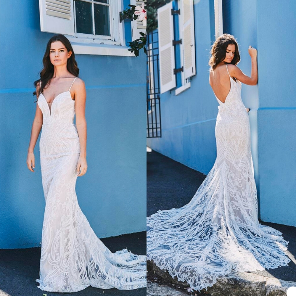 

Anna Georgina Mermaid Wedding Dresses Spaghetti Straps Lace Applique Bridal Gowns Custom Made Open Back Sweep Train Robe De Mariée, Pink
