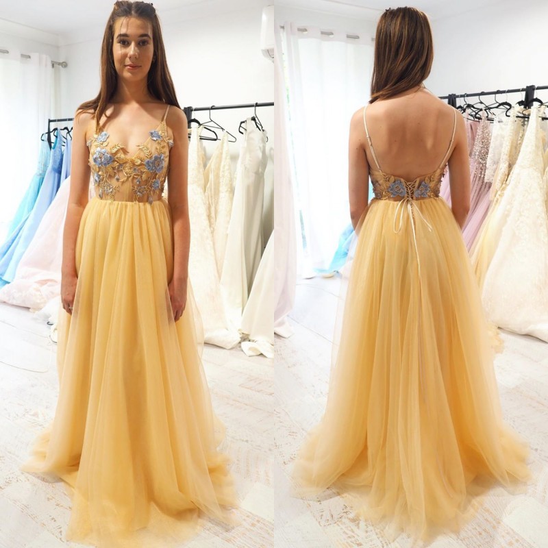

New Arrival Spaghetti Strap Backless Yellow Prom Dresses Appliques Tulle Lace Up Back Special Occasion Dresses 2020, Brown