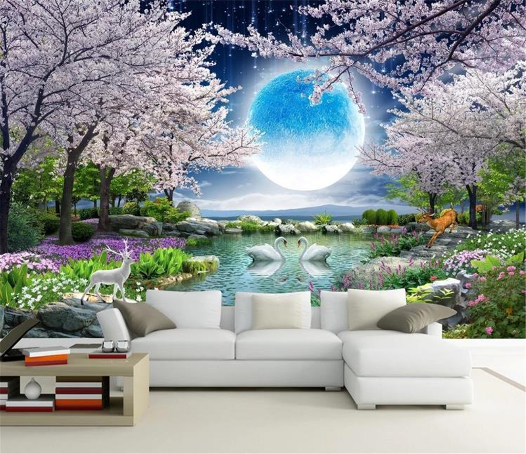

3d Wallpaper Moonlight Beauty Moon Flower Good Moon Cherry Blossom Tree Landscape HD Superior Interior Decorations Wall paper, Customize