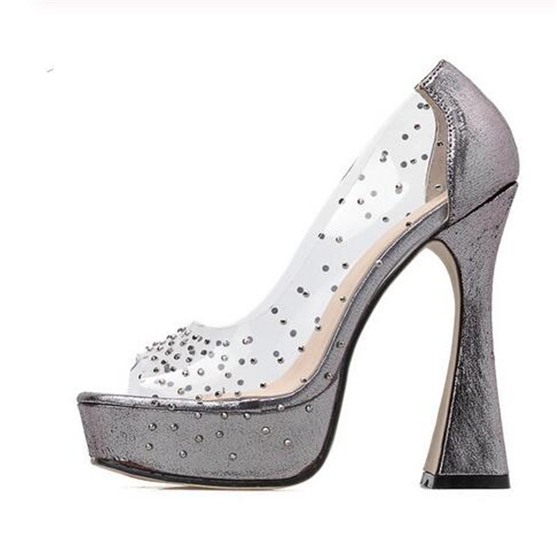 

PVC Rhinestone Peep-toe Thin High-heeled Pumps Sexy Platform Shoes Woman Super High Party Wedding Shoes, Gold