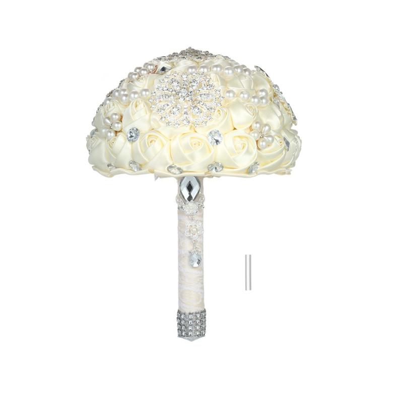

Wedding Celebration Bouquet Mariage Crystals Flowers Bridal Accessories Crystal Pearls Champagne Satin Artificial Roses, Beige