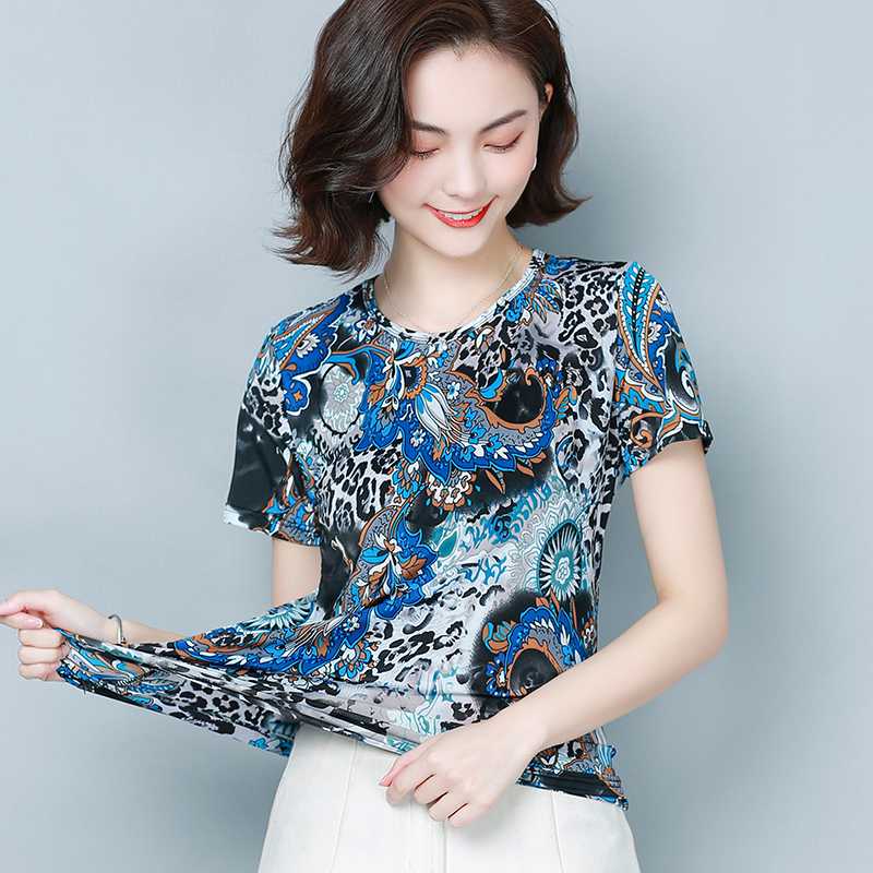 

Korean Women Blouses Women Stretch Short Sleeve Blouse Tops Blusas Mujer De Moda 2020 Summer Woman Leopard Blouses Top Plus Size, Blue