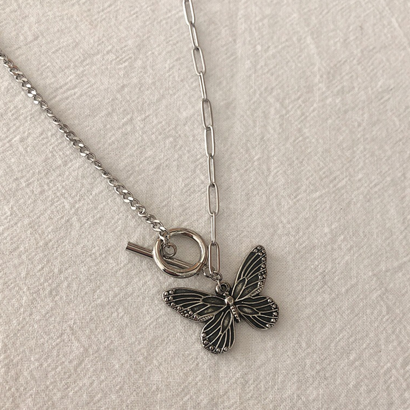Vintage Argent Papillon Charme Collier pour Femmes Nouvelle Mode En Acier Inoxydable Hip Hop Bijoux OT Lock Animal Pendentif Collier Ras Du Cou C