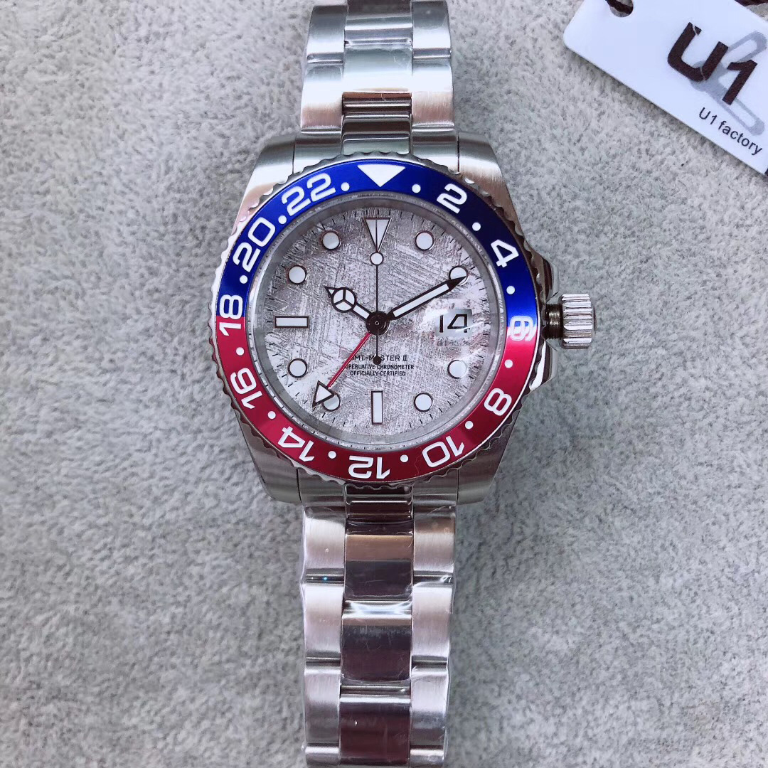 U1 Factory GMT II Red Blue Batman Mens Watch Retro graffiti Dial Automatic Mechanical 18ct Silver Ceramic Bezel Sapphire Glass