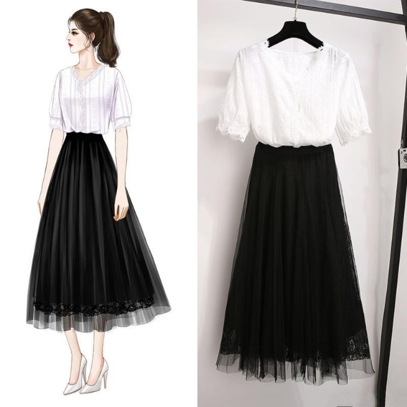

2020 New Summer Women Lace V-neck Shirt Tops + Mesh Long Skirt 2 Piece Set Female Elegant Two Piece Suit Outfits Z183, As pic