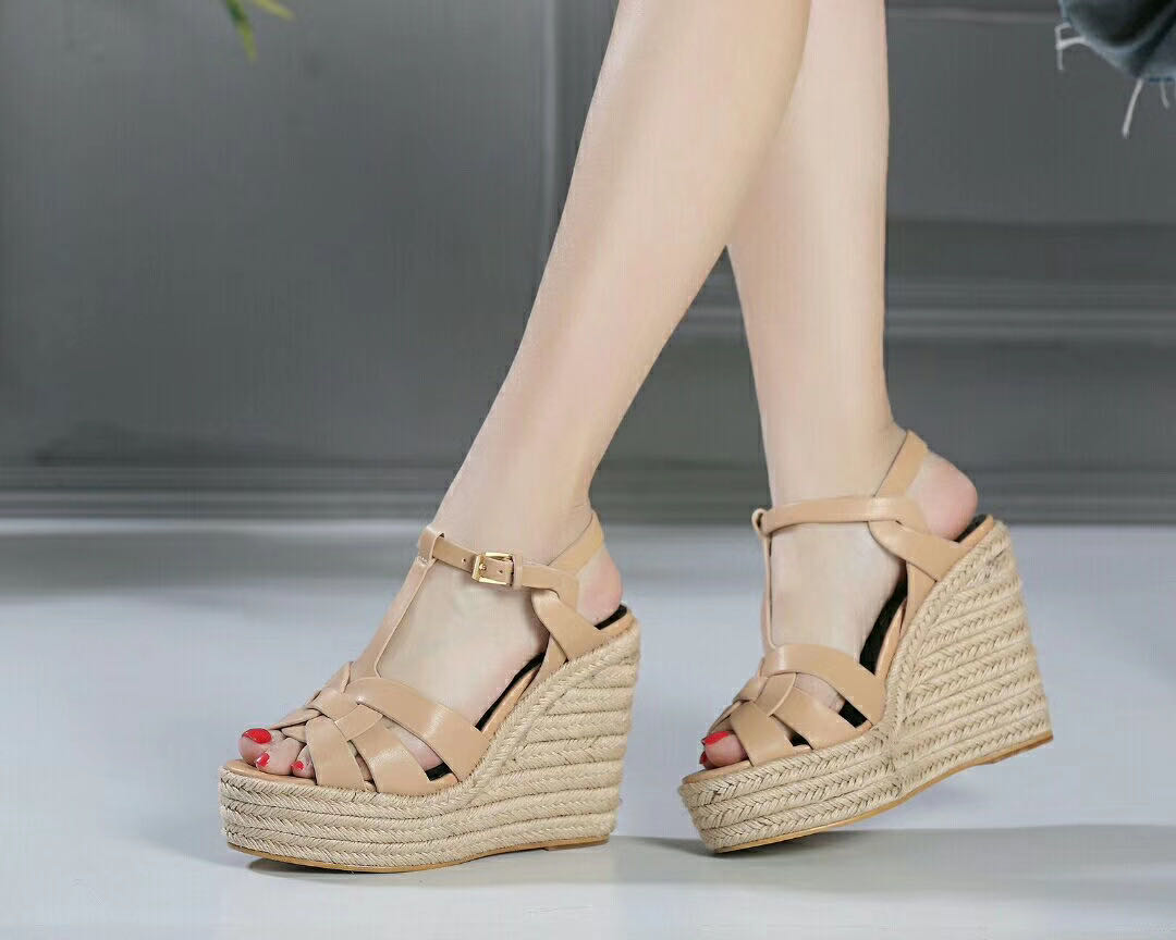

high quality! 2020040602y 40 genuine leather calf skin strap sandals wedge 10.5cm platform black caramel brown beige patent leather sexy
