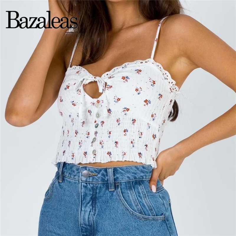 

Bazaleas Fashion Hollow Out Women Tank Top Chic Floral Print Waist Elastic Cropped Camis Slim Spaghetti Strap crop top, Tp1674 white n730