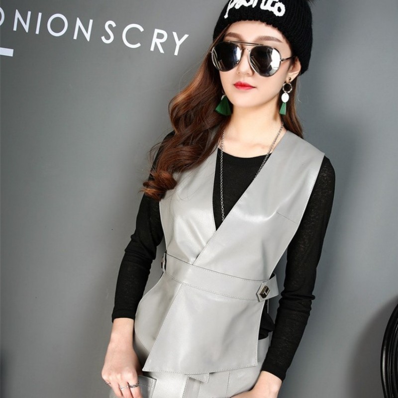 

Fashion women's tight sheepskin collar leather sheepskin vest loose sleeveless coat grey Vest Red women's tight