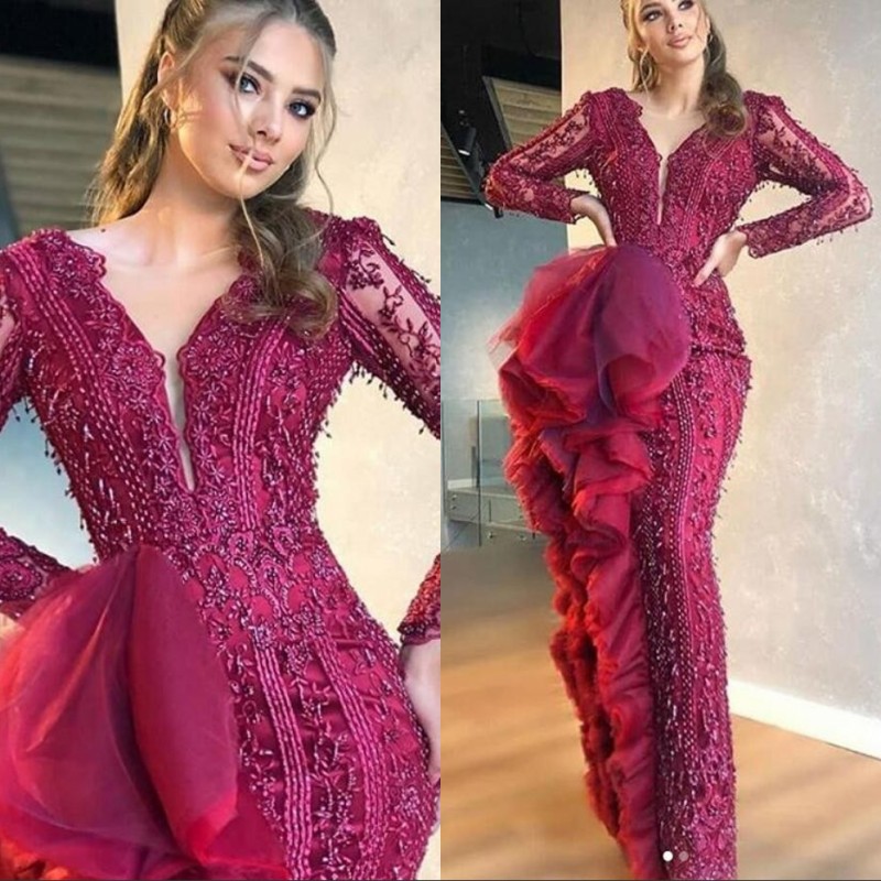

2020 Luxury Burgundy Beaded Mermaid Prom Dresses Lace Appliqued Deep V Neck Evening Gowns Plus Size Formal Party Pageant Wear, White