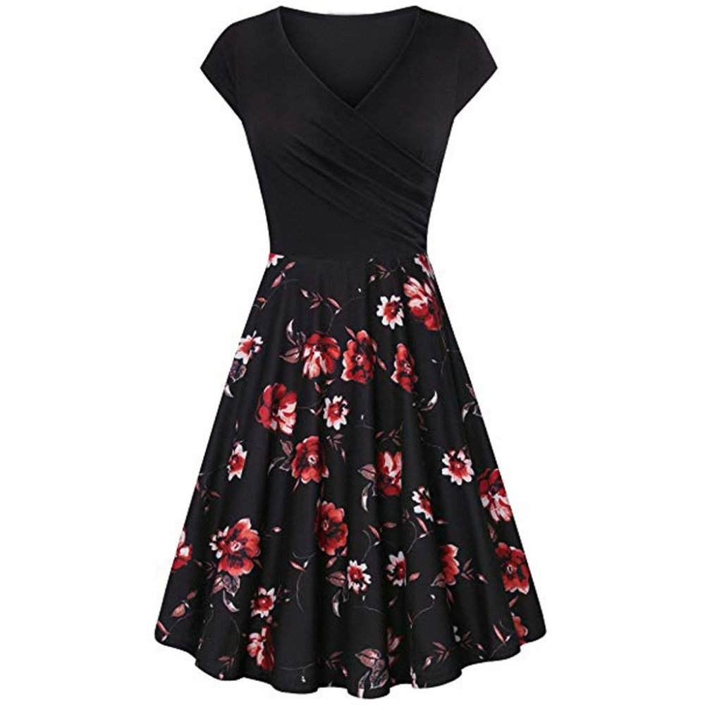 

Women Dress Short Sleeve Cross V-Neck Summer Party Dresses Vintage Elegant Floral Print Ladies Casual A-Line Beach Mini Dress