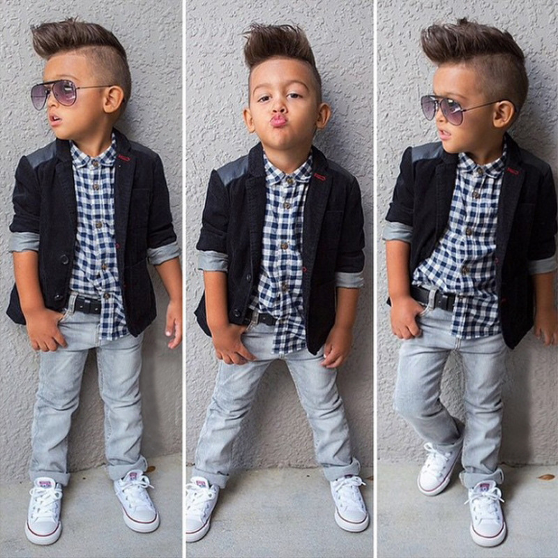 

Baby Boys Gentlemen suit coat+Plaid shirt+jeans 3 Pieces Clothing Sets Kids designer boutique clothes Children Outfits C6285, As photo
