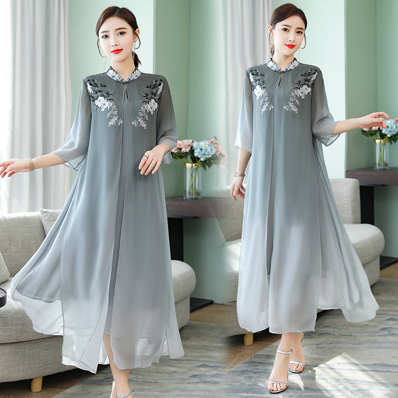 

Silk dress 2020 summer new retro print fake two-piece gray vestidos large size -4XL high quality fashion elegant Dresses