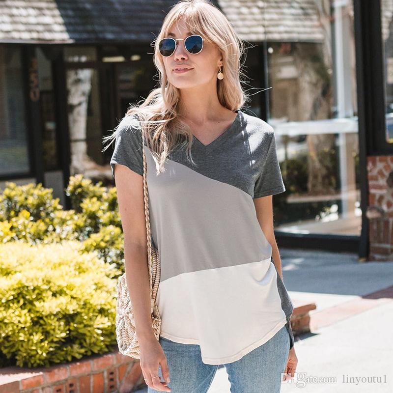 

hot sale Fashion Women T Shirt Ladies V Neck Short Sleeve Solid Color Stitching Knotted Sexy Tee Shirt Femme Summer T Shirt Women Tshirts, 6#