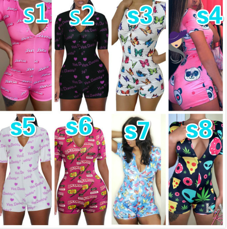 

summer shorts jumpsuit sexy deep vneck digital printed shortsleeved button tight bodysuit women cy60126, Mix colors