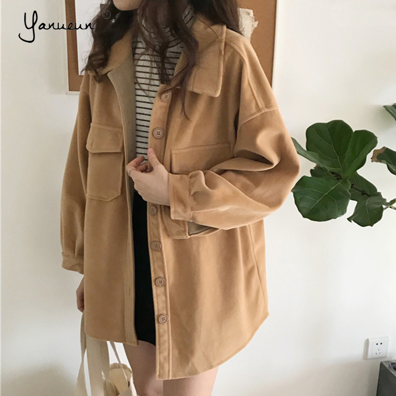 

Yanueun Autumn Winter Women's Jackets Pockets Single Breasted Puff Sleeve Warm Preppy Style Elegant Female Coat Outerwear, Khaki
