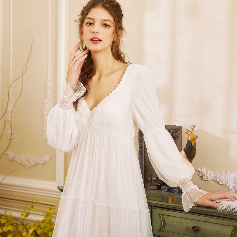 

V-Neck Sexy Victorian Sweet Women' princess nightgowns lace patchwork white color sleep dress top quality cotton cuteNightshirt