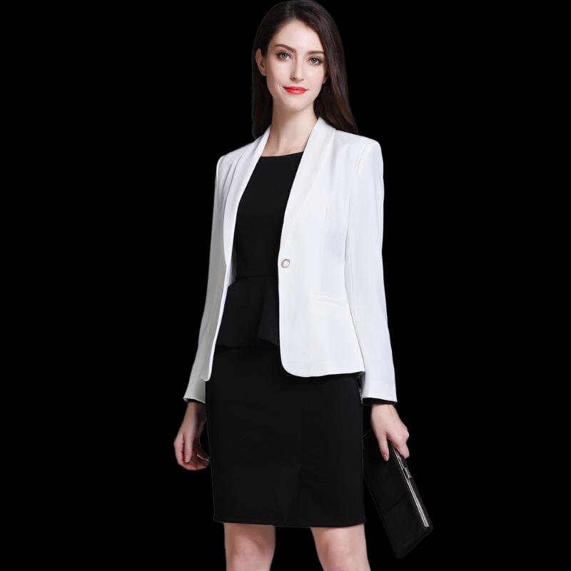 

High Quality Formal Blazer Woman Dress Suit Set 4XL Plus Size Full Sleeve White Jacket+black Dress 2 Piece Set Office Wear