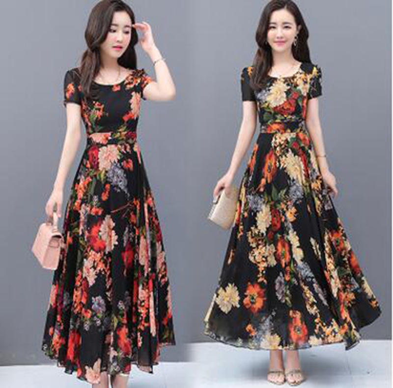 

Wholesale fashion summer women' models summer new styles were thin mid-length short-sleeved bohemian holiday chiffon printed over-the-knee, Orange
