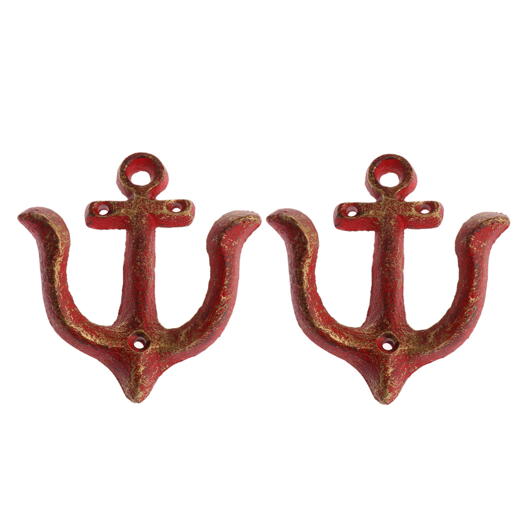 

2x cast iron wall hook metal hook rack hanger for bathroom/bedroom/living room, red, wall mounted, anchor shape