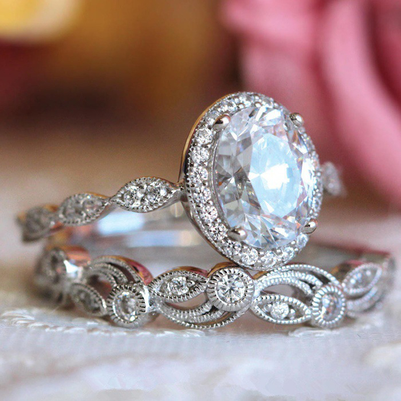 

Plated Rose Gold Color Wedding Rings Set for Women Chic Elegant Engagement Rings with White Zircon Fashion Brand Jewelry anillos