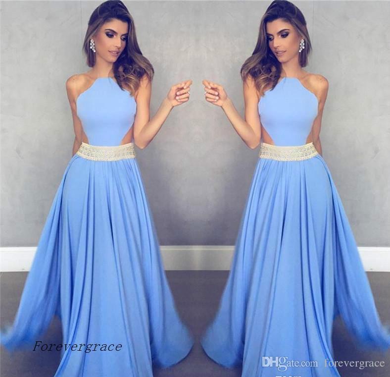 

2019 Sexy Open Back Light Blue Evening Dress Modest Cheap Sleeveless Cutaway Sides Long Formal Party Gown Custom Made Plus Size, Hunter green