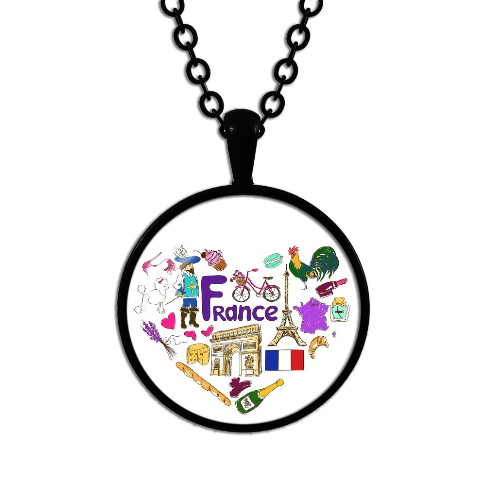 

New 2019 Ethnic Style Glass Dome Pendant Necklace Black Chain France Russia Germany Portugal Mexico Usa France England Jewelry, Silver