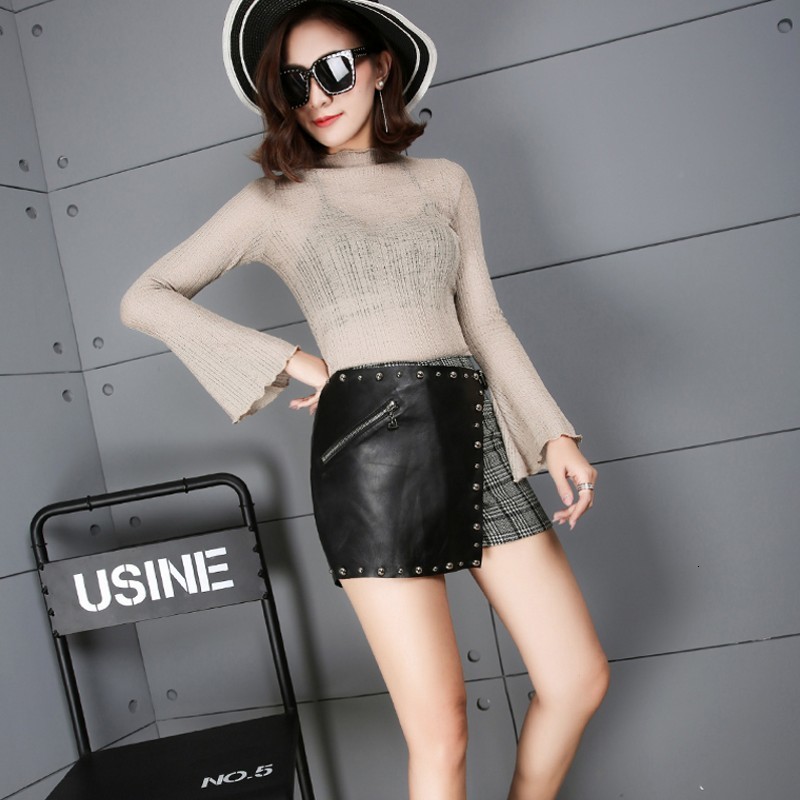 

Korean New Fashion Female Shorts Skirts 2020 Spring Real Leather Rivet Plaid Trousers Mid Waist Asymmetry Casual Shorts Woman