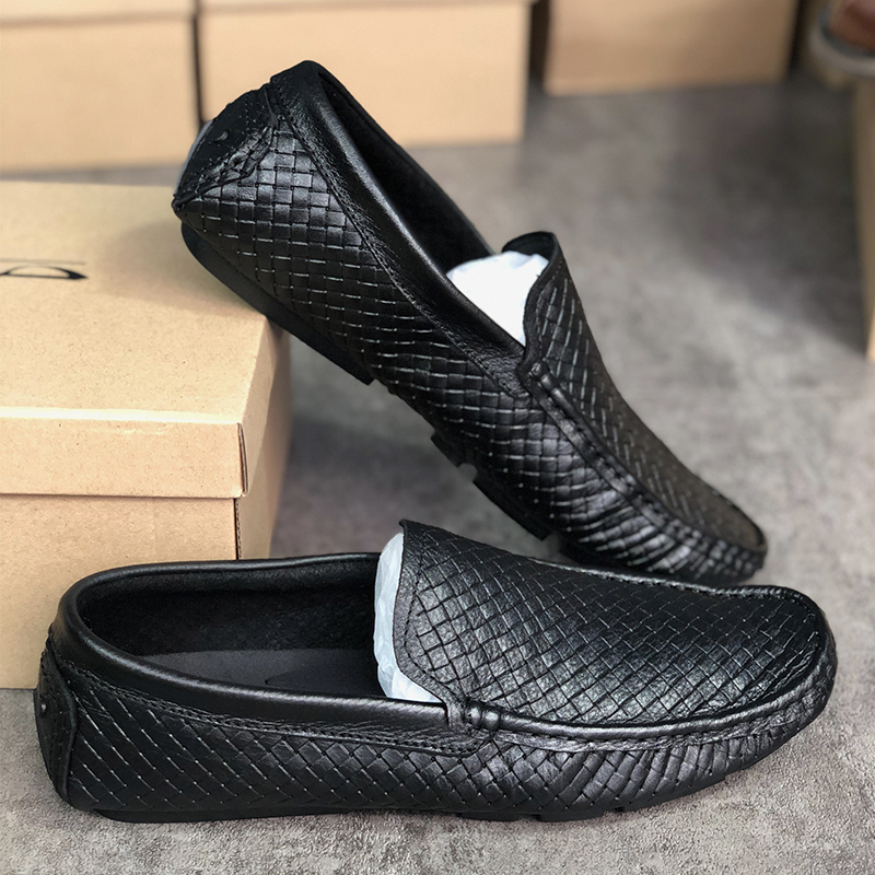 

Mens Designer woven shoes slip on moccasins Driving shoes lightweight flats leather casual boat shoes walking sneakers, Black