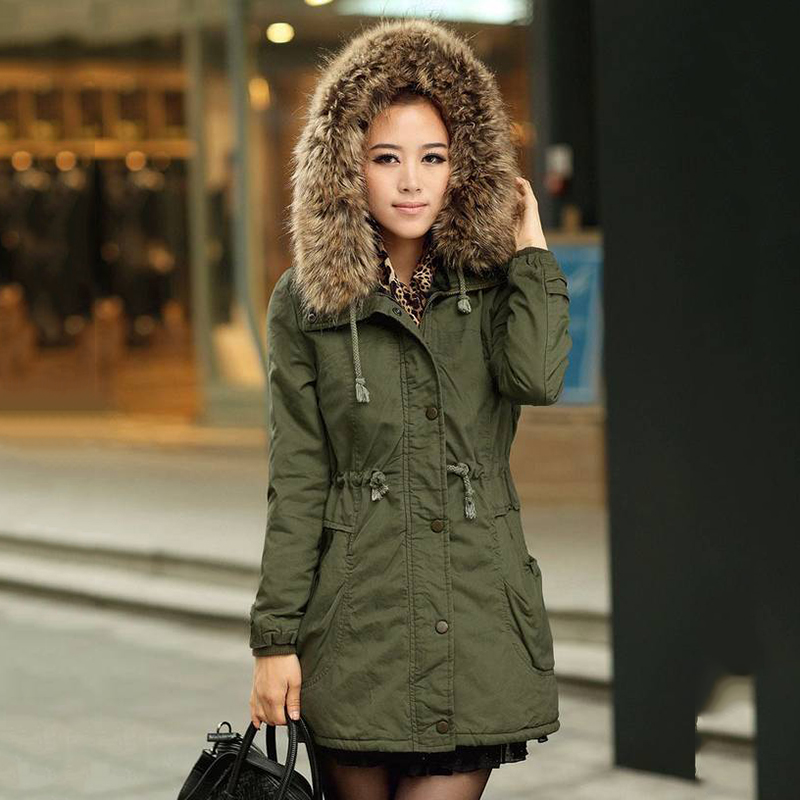 

Hooded thick cotton jacket women warm cotton jacket winter new army green coat fur collar long coat, Black