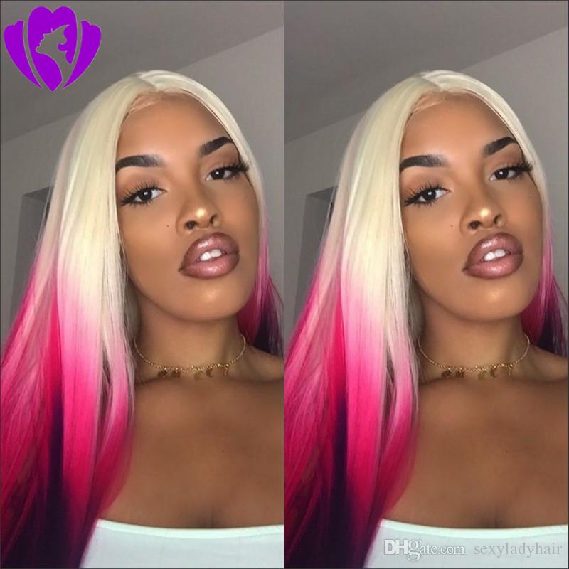 

Long straight Blonde Ombre Pink Wigs Synthetic purple Lace Front Wig for women Heat Resistant Hair Cosplay Party Hairstyle, Ombre color