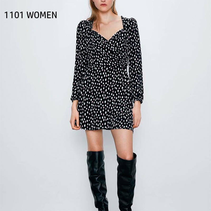 

NEW spring women black floral print V-Neck long sleeve above knee dress female casual sexy woman clothes