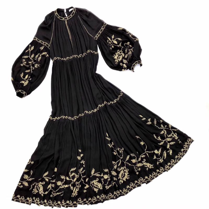 

Ladies Vintage Black Dresses 2020 Spring Newest America Runway Fashion Leaf Embroidery Lantern Sleeve Elegant Long Loose Dress