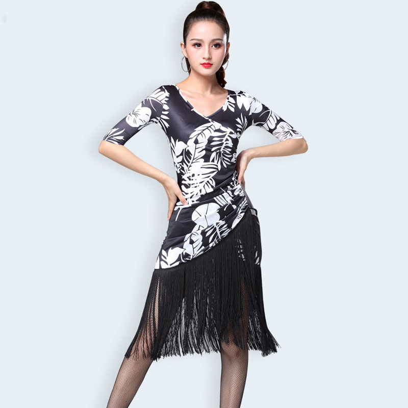 

Latin Dance Dress Women Fringe Ballroom Samba Tango Stage Costume Short Sleeve V-neck Dancing Dresses For Dancing, Black