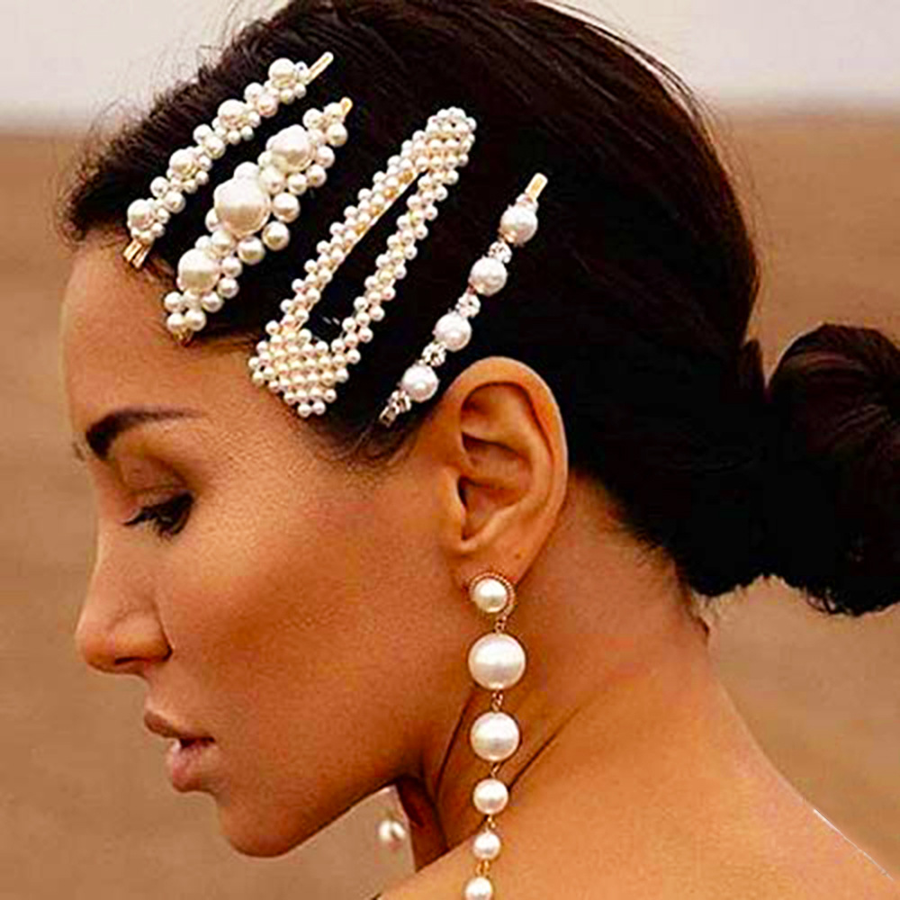 

fashion Pearl hairpin one word clip Hand woven Beaded clip with pearl bow hair clip Woman Girls Hair Accession FS7001