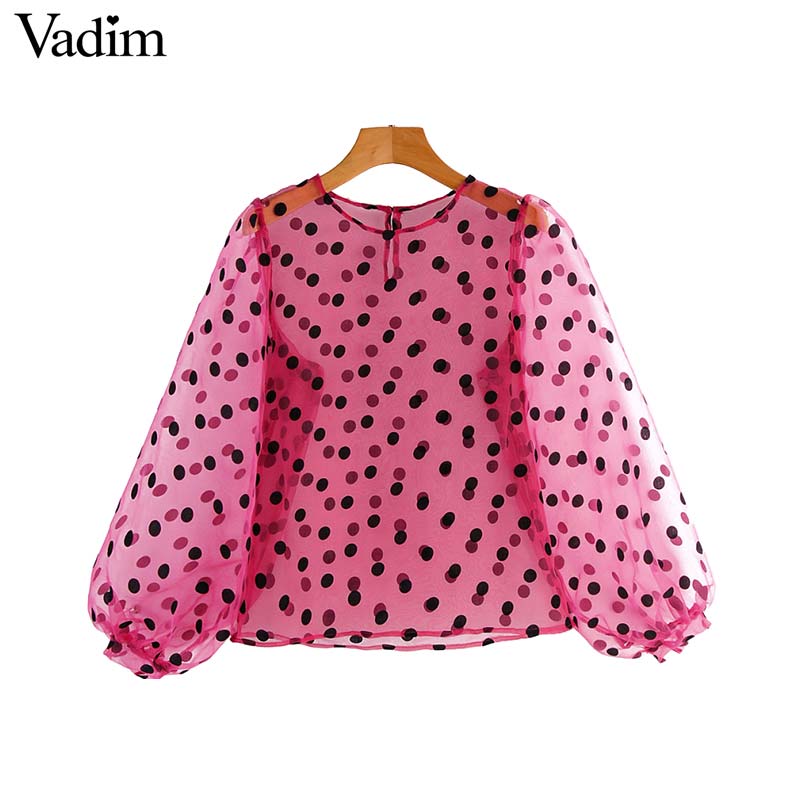 

Vadim women sexy oragnza transparent polka dot blouses long sleeve see through shirts chic pink casual tops blusas mujer LB799, As picture