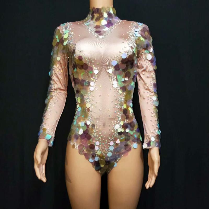 

Sequins Bodysuit Sexy Sparkly Rhinestones Jumpsuit Women Birthday Celebrity Prom Party Dress Nightclub Stage Performance Rompers, Beige