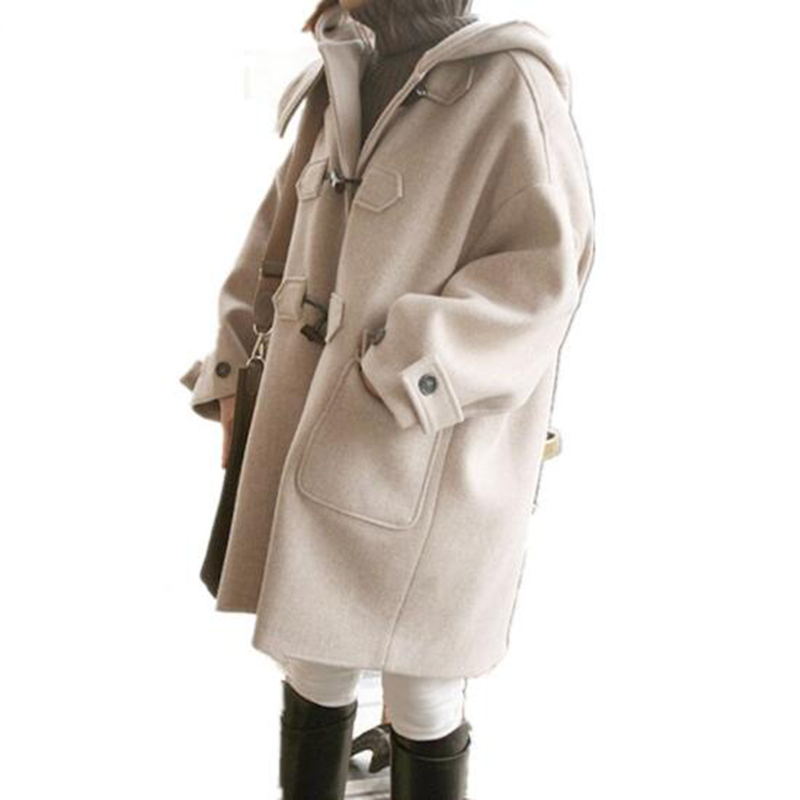 

2018 autumn and winter new hooded wool jacket female Korean college style big size in the long paragraph horns buckle woolen coa, Khaki