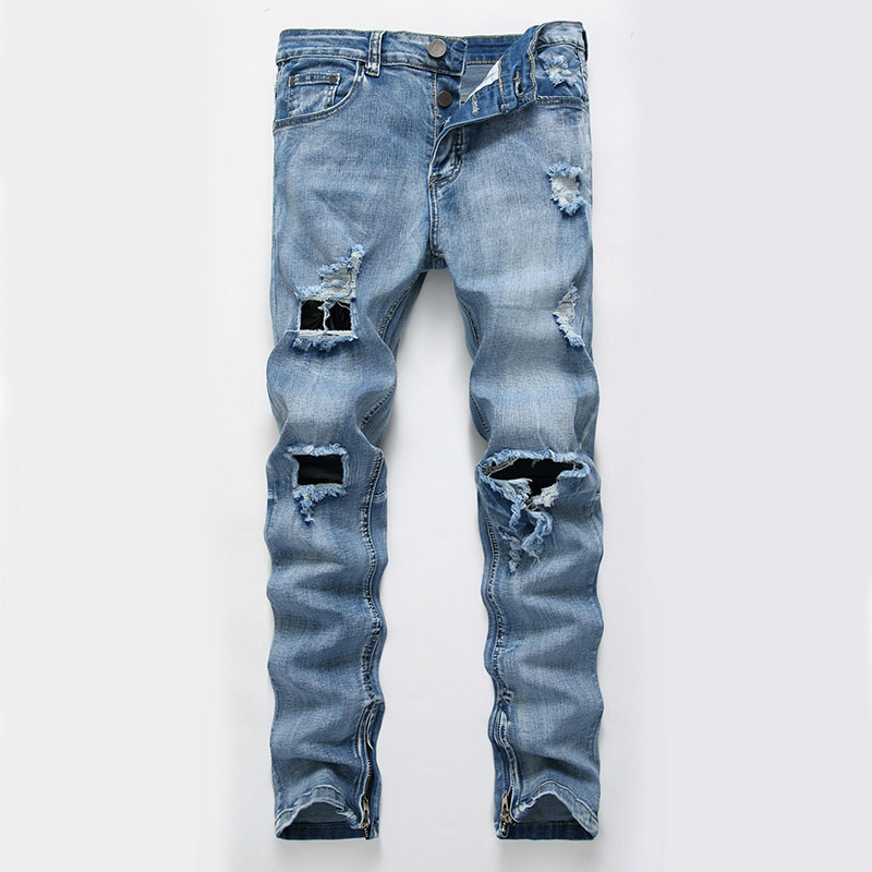 

Men Casual jeans Hiphop Denim Pants Side Zipper Knees Holes Bleached Scratched Fashionable High Qulaity, T-8533 blue