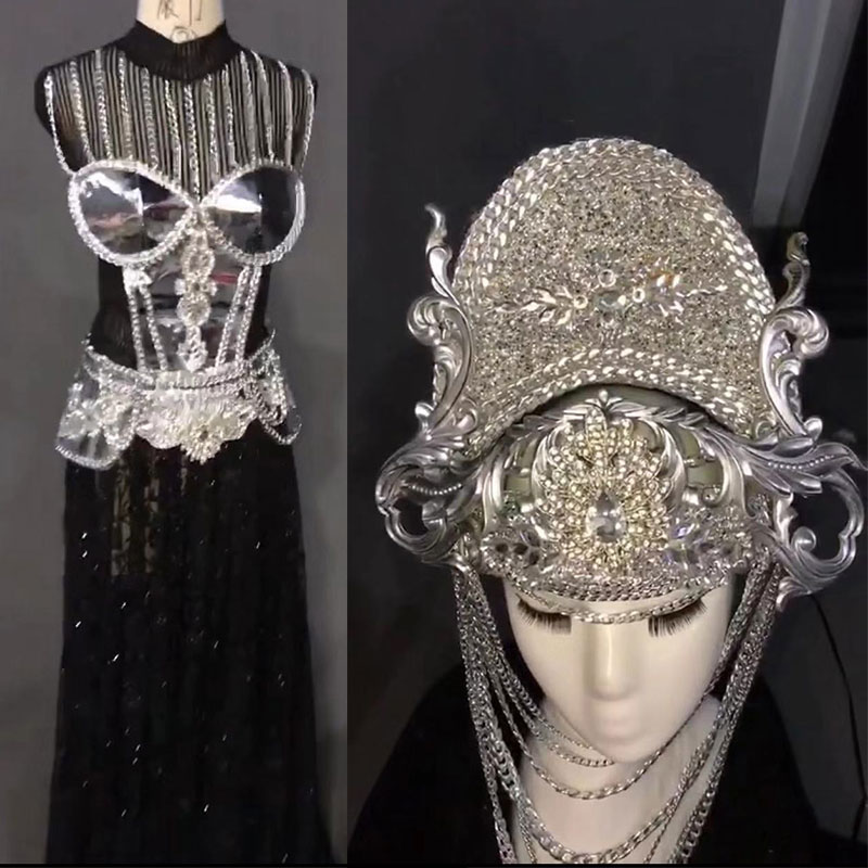 

Women Stage Rhinestone Clothes prom party Black perspective Dress Silver Sequins singer dancer star performance Dance wear, Custom size