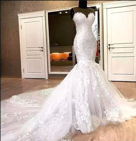 

Gorgeous Mermaid Lace Wedding Dresses sweetheart Appliques Beads Long Chapel Train Sheer Neck 2019 Bridal Dress For Women Vestido De Noiva, Ivory