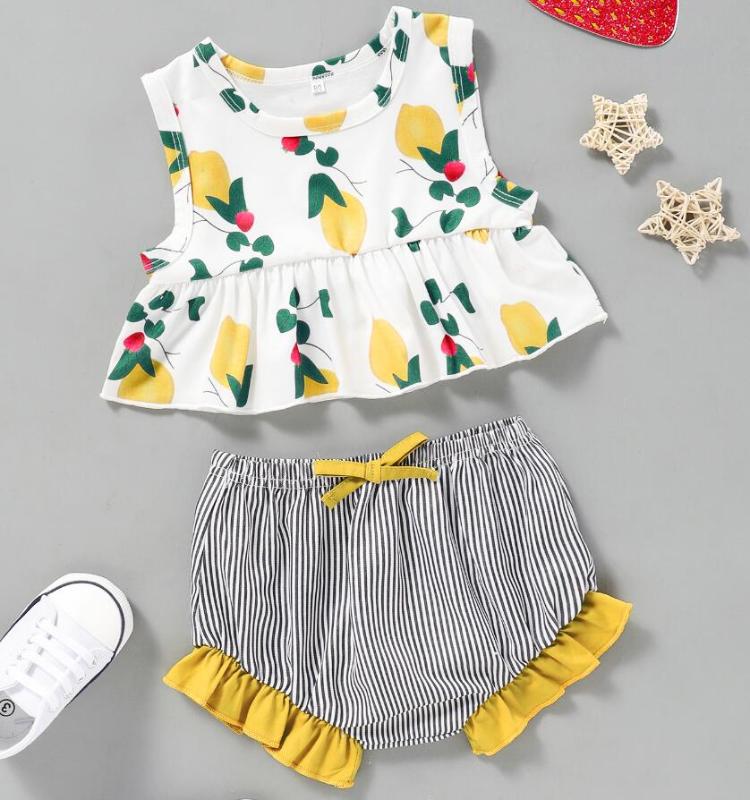 

Toddler Baby Girls Clothes Sets 2pcs Crop Tops Ruffles Sleeveless Shirts Tops Shorts Bow Knot Summer Cute 3-24M, Yellow