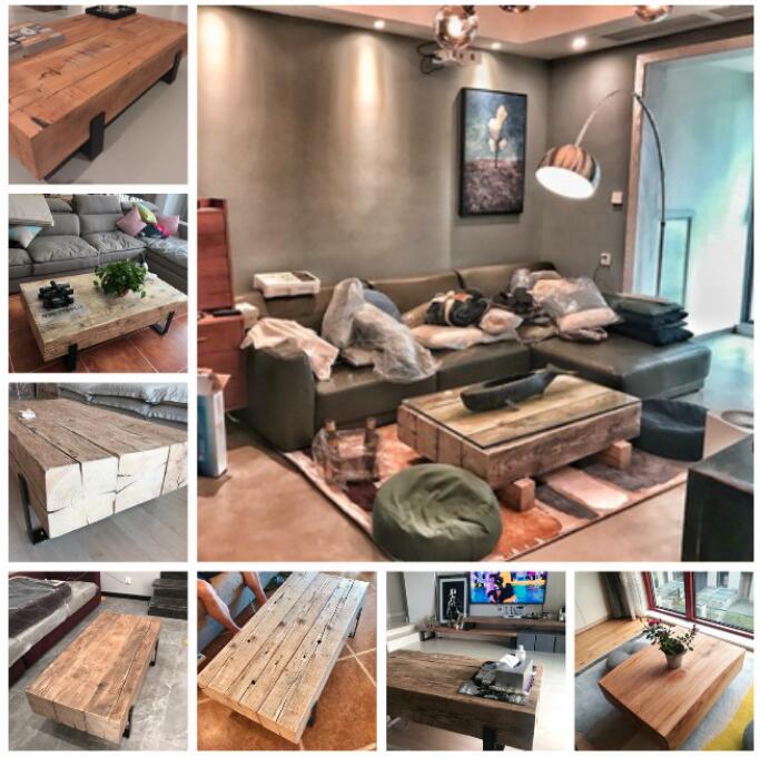 American loft retro solid wood tea table Living Room Furniture in industrial iron art Individual wooden jointed low tables-image-480575073